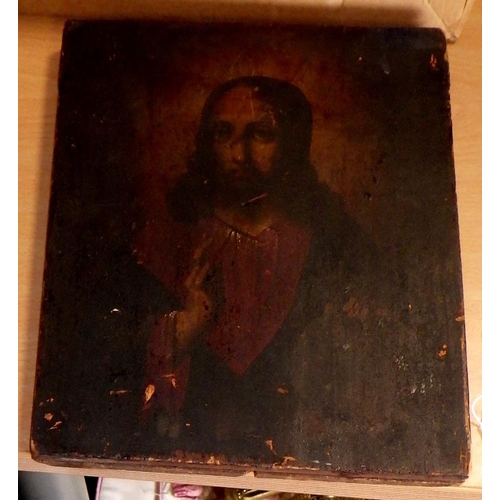 406 - An early 20thC religious painted panel 26 x 22cm