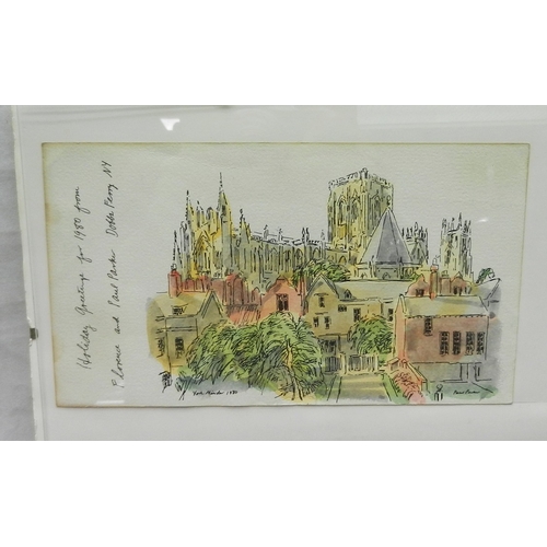 156 - Paul Parker (American 1905 - 1987): a frame containing six original watercolour painting greetings c... 