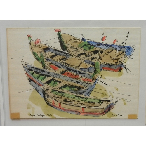 156 - Paul Parker (American 1905 - 1987): a frame containing six original watercolour painting greetings c... 