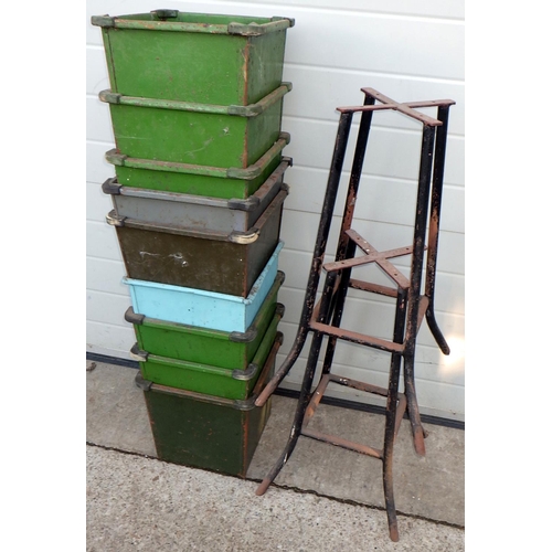 561 - Nine metal waste paper bins together with two metal stands (11) (a/f rusty)