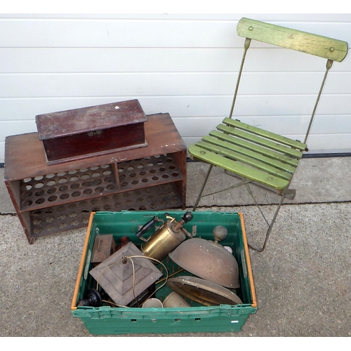 566 - A folding garden chair, egg stand, misc items (3)