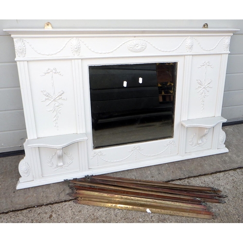 569 - A painted overmantel mirror, 108cm wide and a qty of stair rods