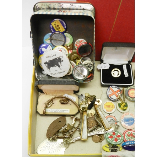 57 - Cufflinks incl white metal examples; various badges; a sparsely filled schoolboy stamp album, most m... 