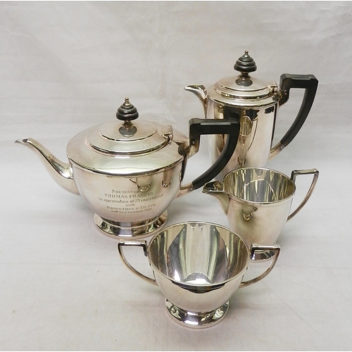 64 - A silver plated Rowntree's presentation Art Deco influence four piece tea set.