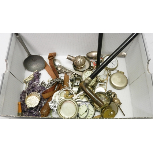 65 - Various pocket watches and cases, incl silver examples; a silver collared ebony walking cane a/f; a ... 