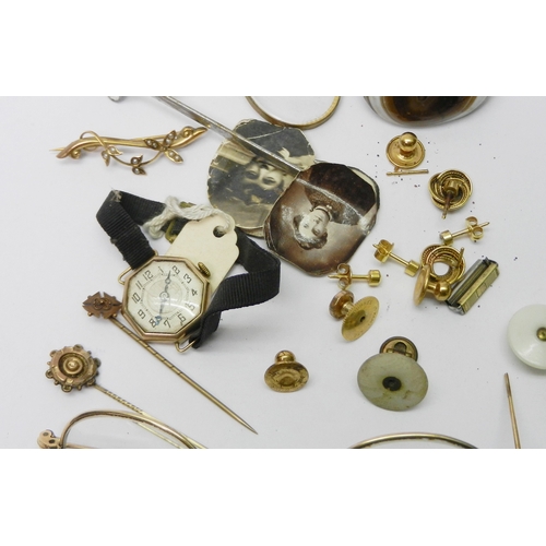 55 - A ladies 9ct gold octagonal cased cocktail watch, c1920s; jewellery fragments, earrings, collar stud... 