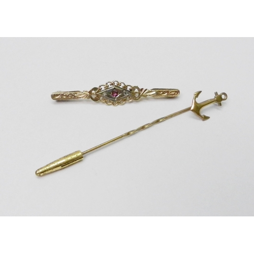 78 - A 9ct gold ruby and diamond set bar brooch, late 20th cent in Edwardian manner; a yellow metal tie p... 