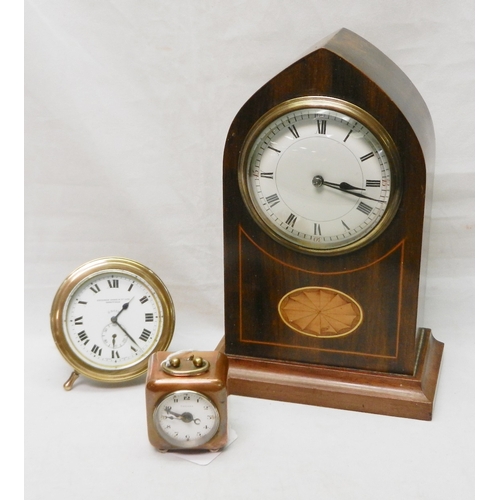 142 - An Edwardian lancet top inlaid mantle clock 23cm tall, 8 day circular Freeman Bakes travelling clock... 