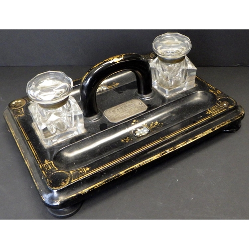 579 - Victorian ebonised desk stand, gilding worn