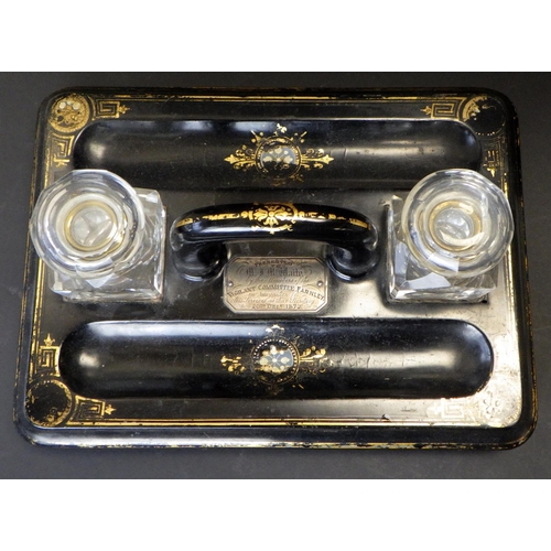 579 - Victorian ebonised desk stand, gilding worn