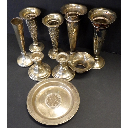 581 - Two pairs of silver spill vases , squat silver candlesticks ALL FILLED BASES together with a silver ... 