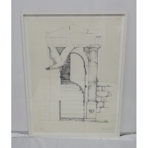 17 - Three Sue Hemingway pictures: 'Ruins' (64x84cm); 'A Figure In Ruins', pencil crayon 1988 (95x68cm) a... 