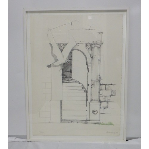 17 - Three Sue Hemingway pictures: 'Ruins' (64x84cm); 'A Figure In Ruins', pencil crayon 1988 (95x68cm) a... 