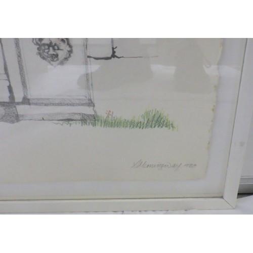 17 - Three Sue Hemingway pictures: 'Ruins' (64x84cm); 'A Figure In Ruins', pencil crayon 1988 (95x68cm) a... 