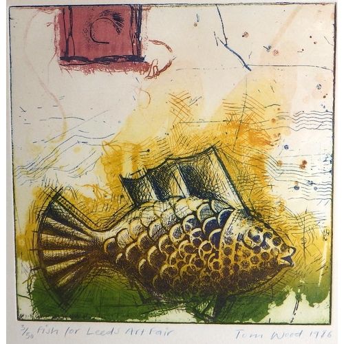 128 - Three Tom Wood pictures: 'Fish for Leeds Art Fair', 3/50 colour etching 1986 (48x46cm); 'Totem', lin... 