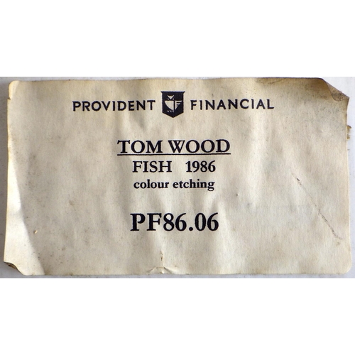 128 - Three Tom Wood pictures: 'Fish for Leeds Art Fair', 3/50 colour etching 1986 (48x46cm); 'Totem', lin... 