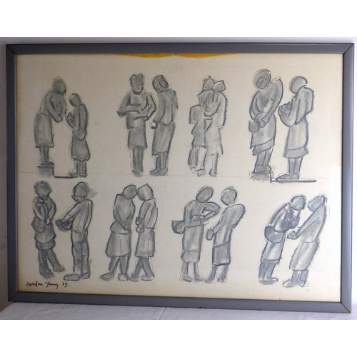 202 - Four Gordon Young crayon on paper pictures, all dated 1985: 'Figure Studies 1 For Foundation Stones'... 