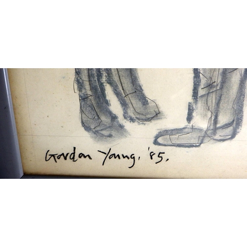 202 - Four Gordon Young crayon on paper pictures, all dated 1985: 'Figure Studies 1 For Foundation Stones'... 