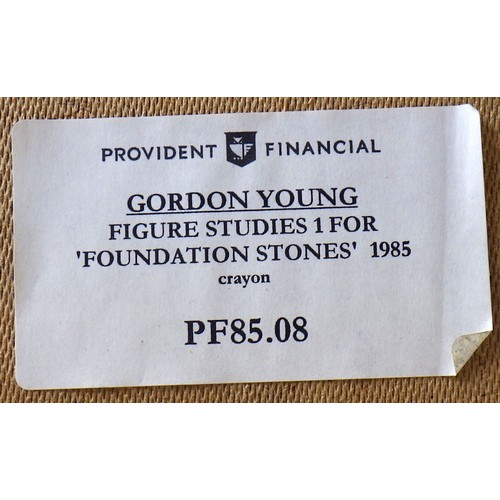 202 - Four Gordon Young crayon on paper pictures, all dated 1985: 'Figure Studies 1 For Foundation Stones'... 