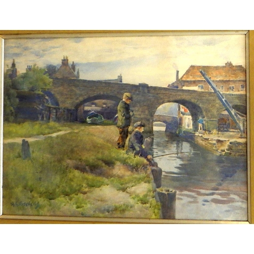  Albert Stevens, Fishing Spital Bridge California Beck Whitby, acrylic on board c.1900: 47x57cm