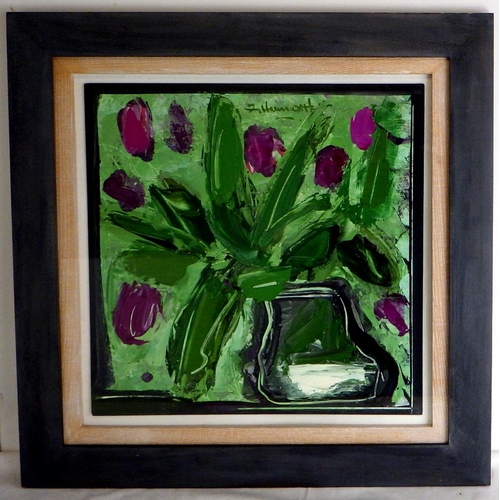 104 - George Hainsworth, 'Tulips In A Black Frame', oil on board 1995 (£450): 68x68cm. VAT & Buyers Premiu... 