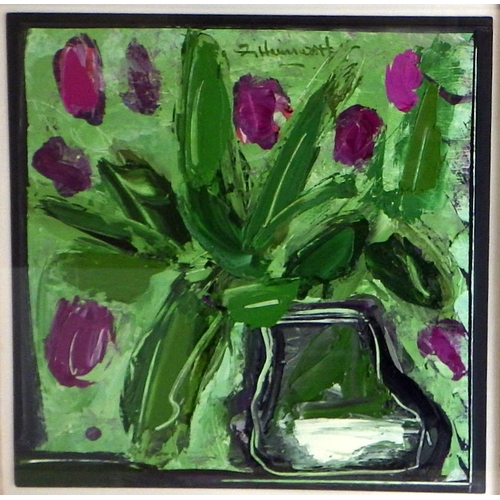 104 - George Hainsworth, 'Tulips In A Black Frame', oil on board 1995 (£450): 68x68cm. VAT & Buyers Premiu... 