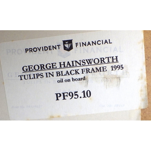 104 - George Hainsworth, 'Tulips In A Black Frame', oil on board 1995 (£450): 68x68cm. VAT & Buyers Premiu... 