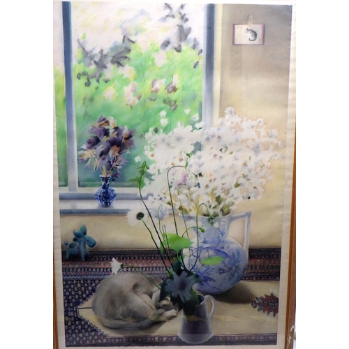 261 - Jo Chesterman, 'Still Life With Cat', pastel 1989: 134x90cm. VAT & Buyers Premium apply, ARR if sold... 