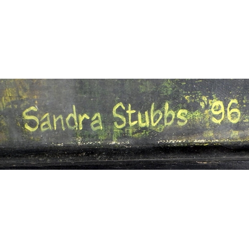 21 - Two Sandra Stubbs pictures: 'Consume', mixed media and 'Priorities', metallic paint and oil on canva... 