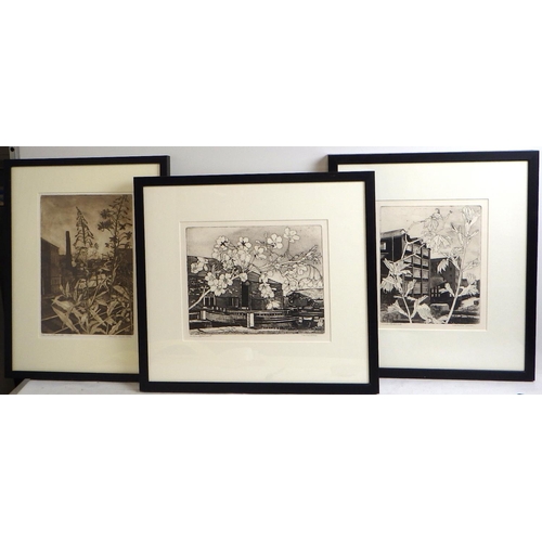 39 - Three Wendy de Rusett etchings: 'Railway Willowherb', 1982 (48x37cm); 'Canalside, Leeds', 1991 (47x4... 