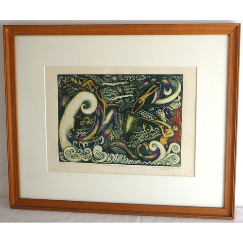 11 - Three Dorothy Griffiths pictures: 'Late Dance', linocut print 1991 (84x86cm); 'Jonah at Sea', 2/5 co... 