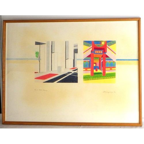 17 - Three Sue Hemingway pictures: 'Ruins' (64x84cm); 'A Figure In Ruins', pencil crayon 1988 (95x68cm) a... 