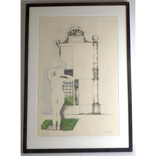 17 - Three Sue Hemingway pictures: 'Ruins' (64x84cm); 'A Figure In Ruins', pencil crayon 1988 (95x68cm) a... 