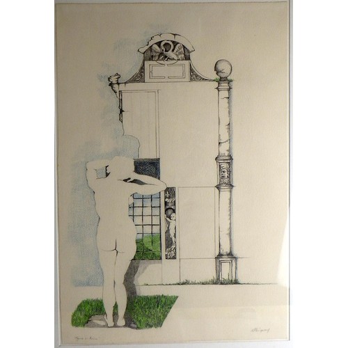 17 - Three Sue Hemingway pictures: 'Ruins' (64x84cm); 'A Figure In Ruins', pencil crayon 1988 (95x68cm) a... 