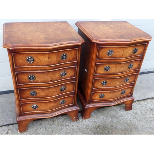 A pair of reproduction burr elm bedside chests, 41cm wide, some marks