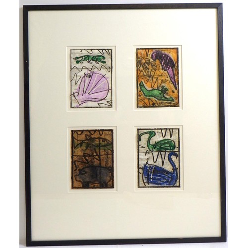 128 - Three Tom Wood pictures: 'Fish for Leeds Art Fair', 3/50 colour etching 1986 (48x46cm); 'Totem', lin... 