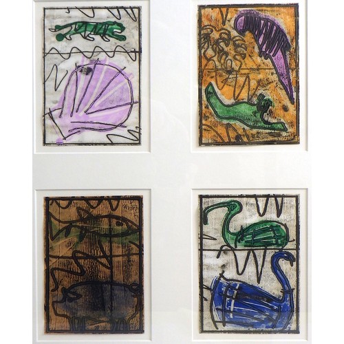 128 - Three Tom Wood pictures: 'Fish for Leeds Art Fair', 3/50 colour etching 1986 (48x46cm); 'Totem', lin... 