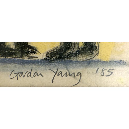 202 - Four Gordon Young crayon on paper pictures, all dated 1985: 'Figure Studies 1 For Foundation Stones'... 