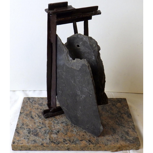 307 - Attributed to Michael Lyons, Odyssey, A marble based slate and steel sculpture 32cm tall. VAT & Buye... 