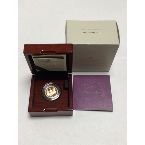 A Royal Mint Elizabeth II 2021 gold proof sovereign. Boxed with papers.