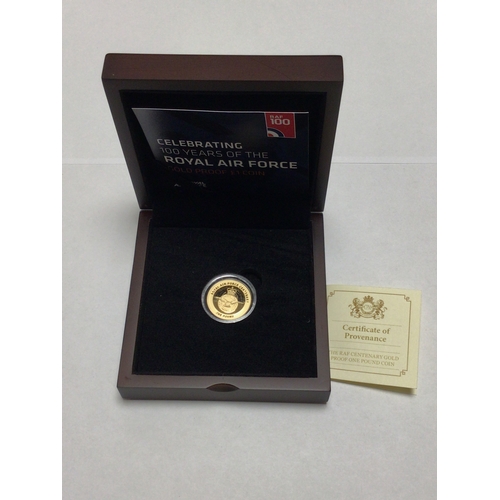 A Coin Portfolio Management RAF Centenary 2018 gold proof one pound coin, Guernsey / Elizabeth II issue. Boxed with papers