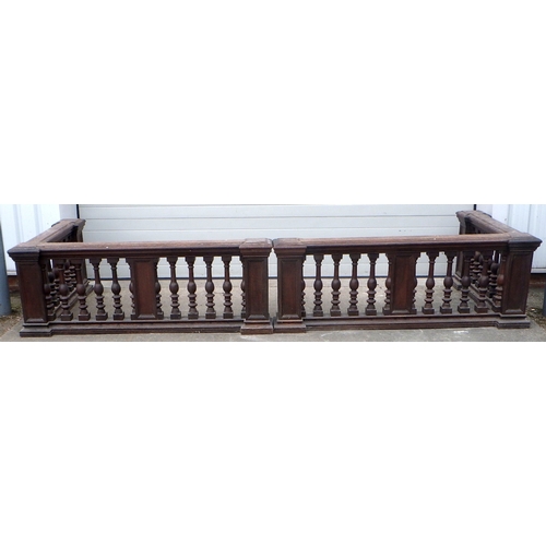 Two oak baluster corner alter rails, each approx 200cm x 125cm, height 73cm, ex York Minster