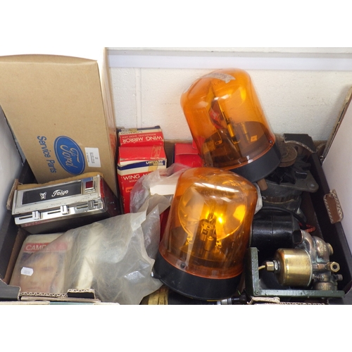 17 - A Kismet Lorry foot pump; various cars parts 1980s and earlier incl driving lamps, a Taiyo 8-track p... 