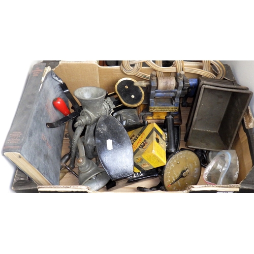 19 - A Singer sewing machine, kitchenalia incl flat irons. (2)
