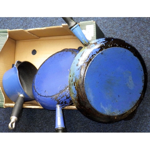 25 - Three various blue enamelled Le Creuset pans.  All used