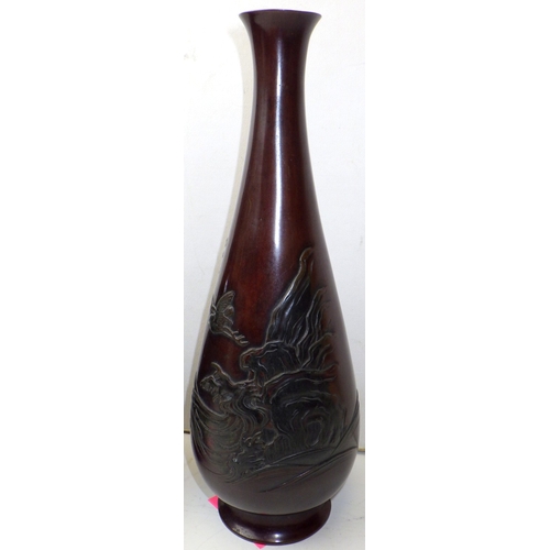 4 - A pair of Japanese Meiji period bronze vases, the bases signed with a character mark.  Approx 26cm t... 