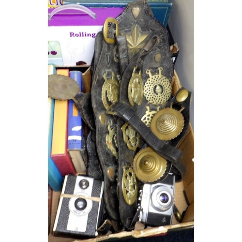 44 - Various horse brasses together with chess pieces, books, cameras and boxed games (2)