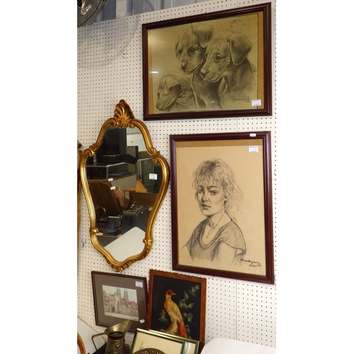 57 - Various pictures and a mirror together with a Talens oil painting set, Harry Potter paperbacks, bask... 