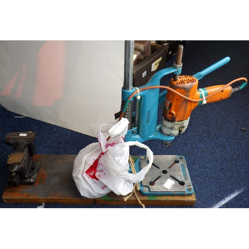 59 - A metal toolbox together with a bench pillar drill and vice, cordless drill etc (qty)
