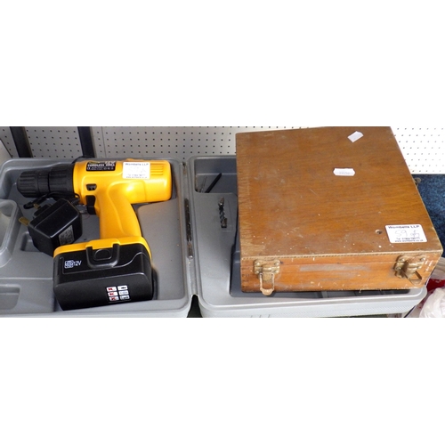 59 - A metal toolbox together with a bench pillar drill and vice, cordless drill etc (qty)